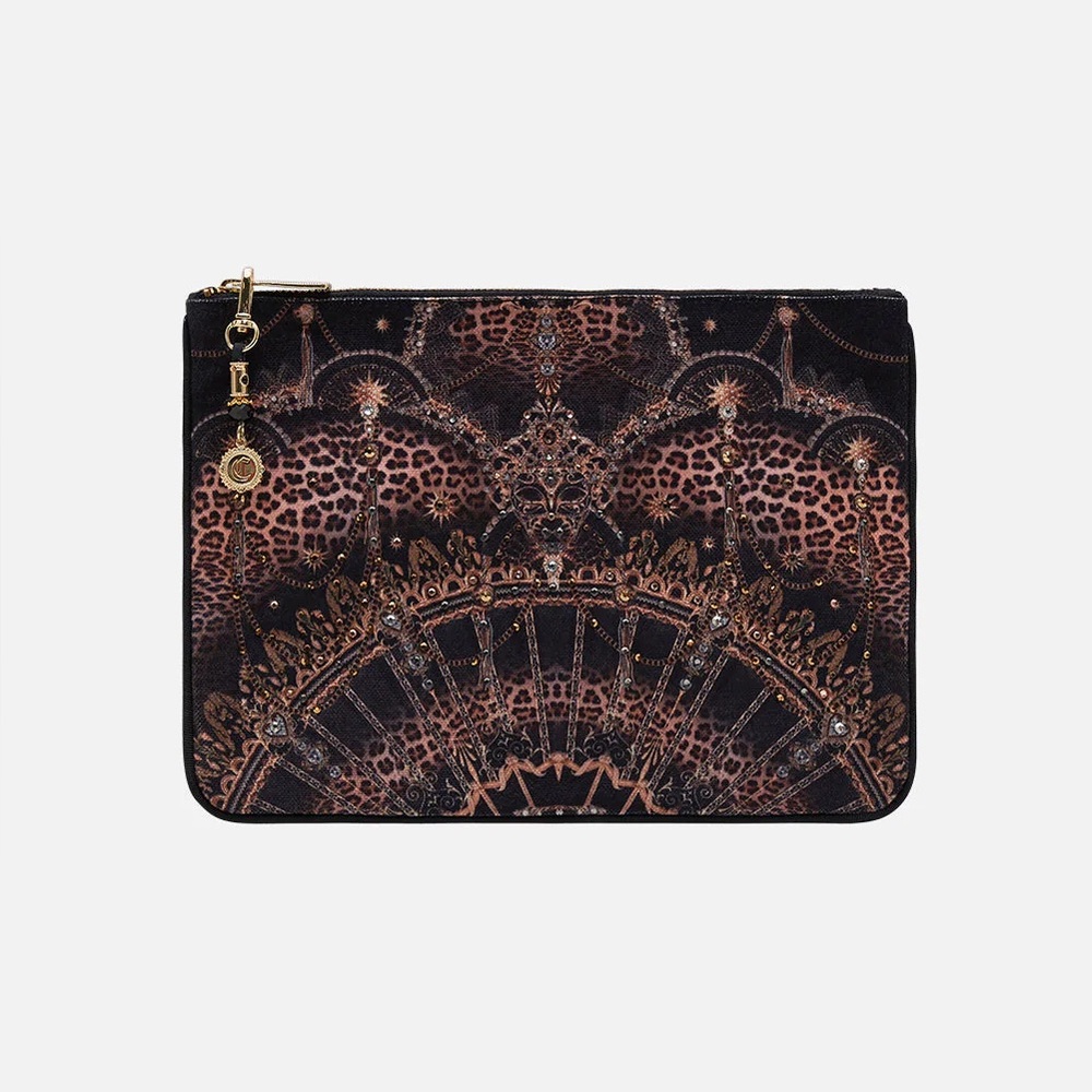 Camilla “Masked Moonlight” black gold leopard boho canvas clutch bag pouch sac